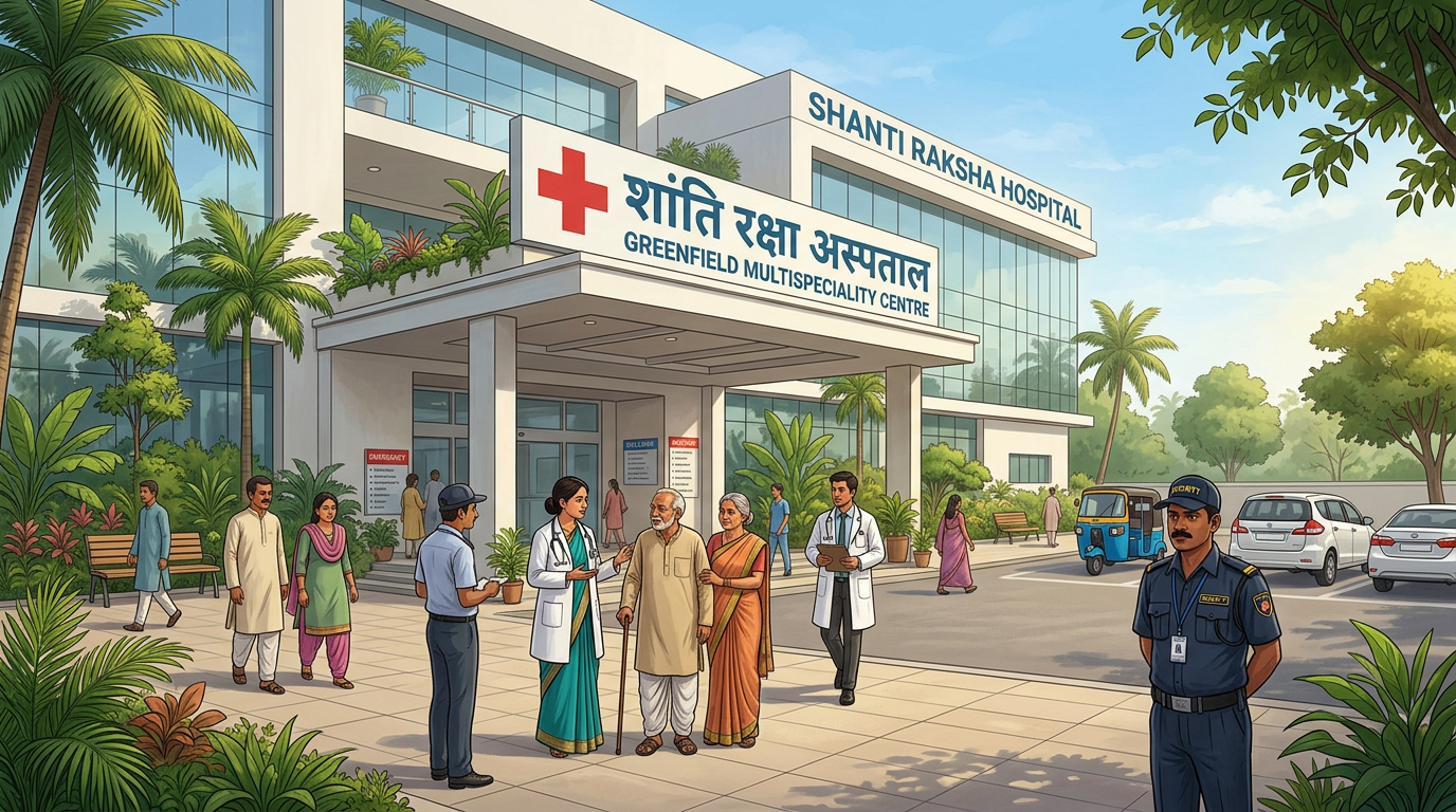 Illustration of a modern Indian hospital entrance with a made-up hospital name on the sign, medical symbol, Indian doctors and patients in everyday dress, and security—fictional names for this demo